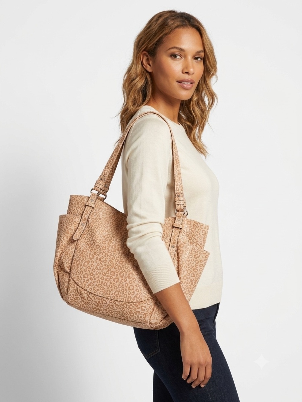 Tan Leopard-Print Textured Tote with Dual Shoulder Straps